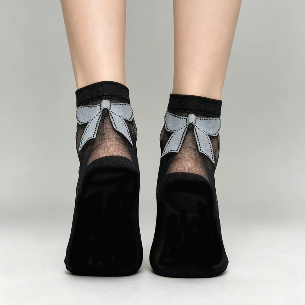1 Pair Spring Summer Lace Mesh Cute Bow Knot Back Socks Transparent Stretch Elasticity Ankle Net Yarn Thin Cool Socks