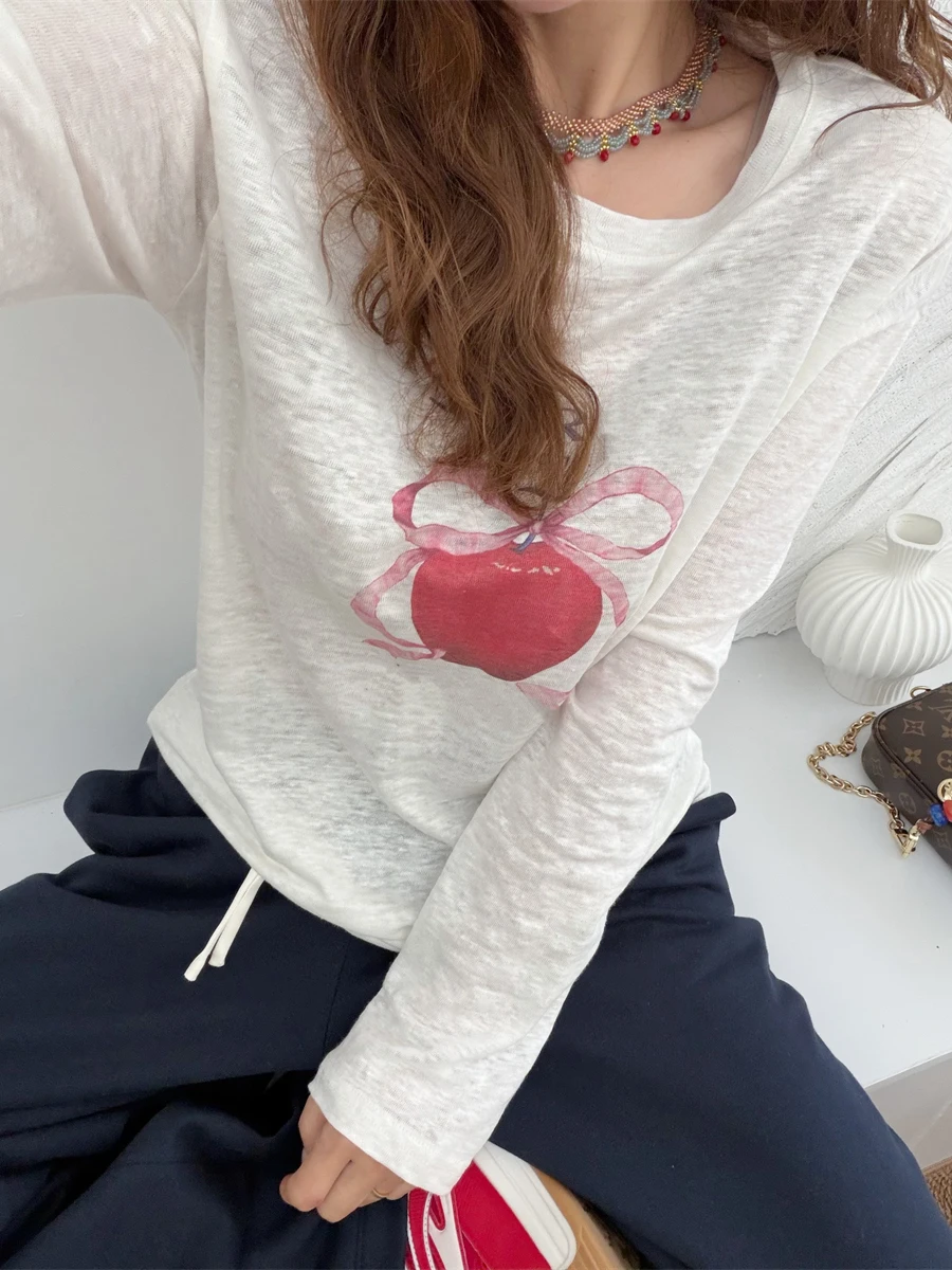 

Luy Little Spring New Sle Heart Print Loose Drapey Linen Long Sve T-irt Women's Base Top Casual Loose Fit
