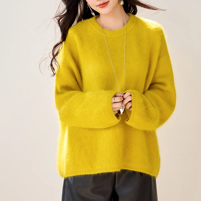 Suéter amarillo holgado informal de gran tamaño para mujer, jerséis suaves de manga larga, prendas de punto elegantes a la moda para Otoño e Invierno, Top de punto a la moda
