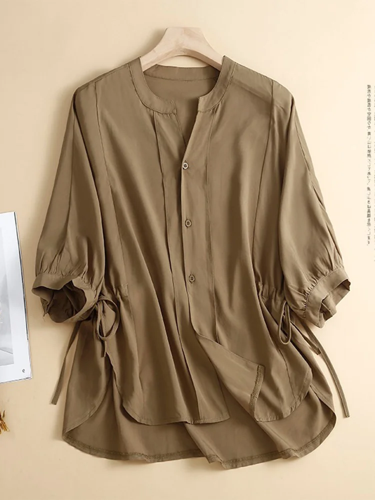 

Loose Fit Casual ort Sve Women's irt Cotton Japanese High End Brand Vintage Sle Commute Faion Pure Color