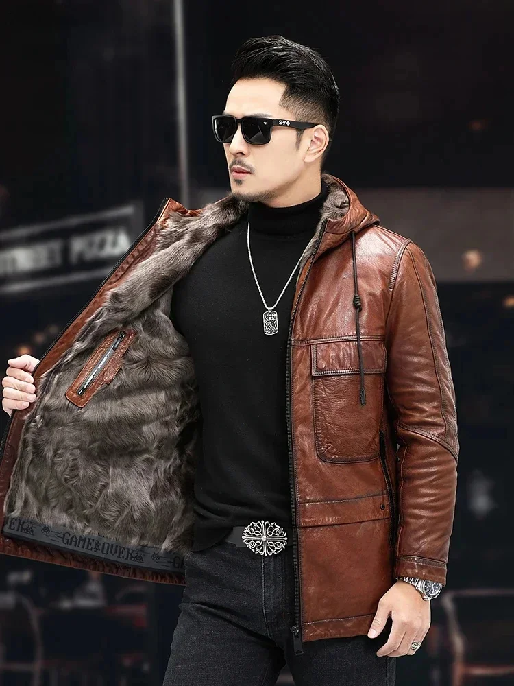 First Layer of Goatskin Jacket Brown Original Ecological Fur Integrated Liner Hooded Leather Coat Men's Genuine