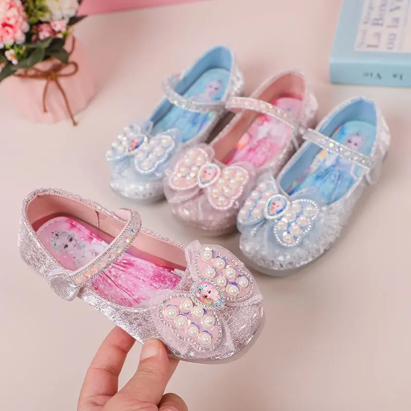 

Diseny Kids'Casual Shoes Elsa Princess Frozen PU Leather Spring Shoes For Girls Anti-slip Pink Blue Sequin Bow Shoes Size 23-34