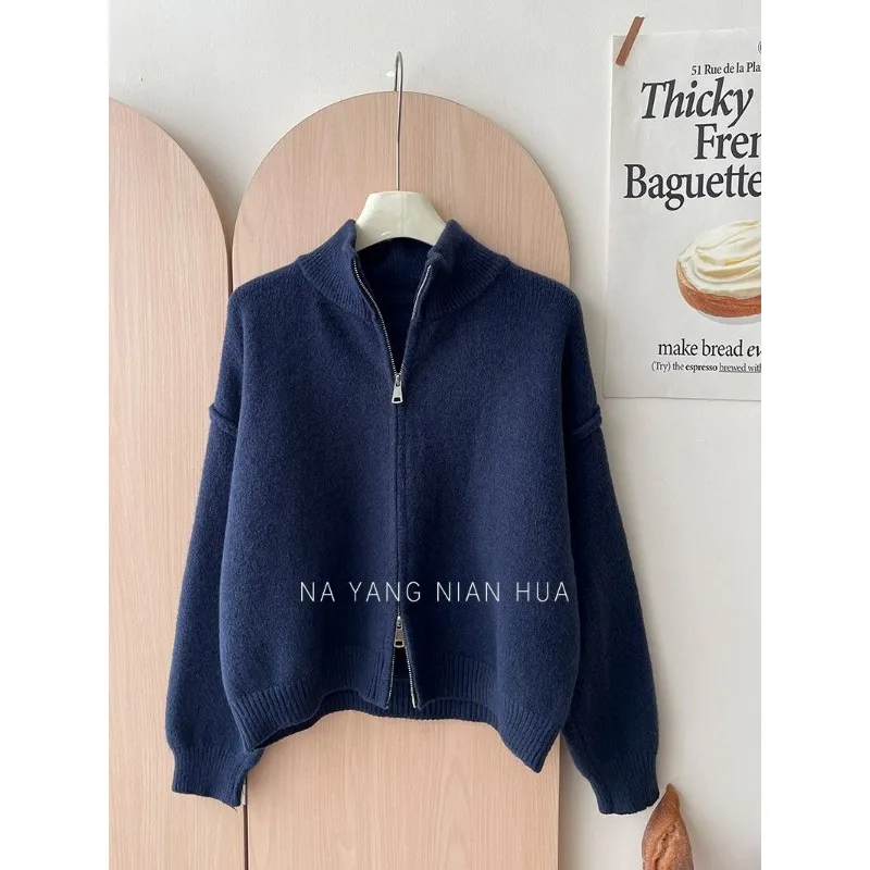 

Японский и корейский ретро свитер с двойной молнией, пальто, женский осенне-зимний повседневный универсальный вязаный кардиган с лацканами