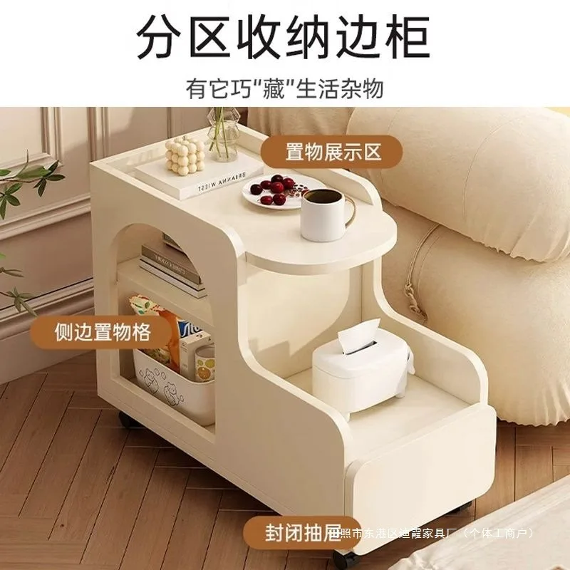 

Cream Style Sofa Side Table Movable Storage Living Room Furniture Home Bedroom Movable with Roller Trolley Side Table