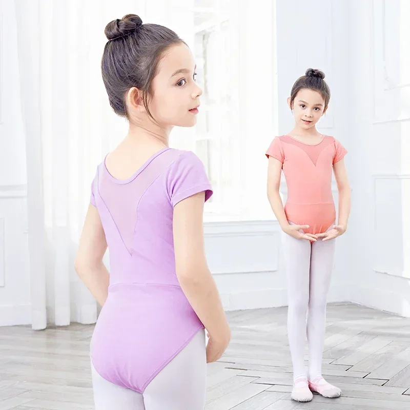 Meninas ballet collant ginástica bodysuit malha splice trajes crianças manga curta chiffon tutu vestido crianças ballet dança wear