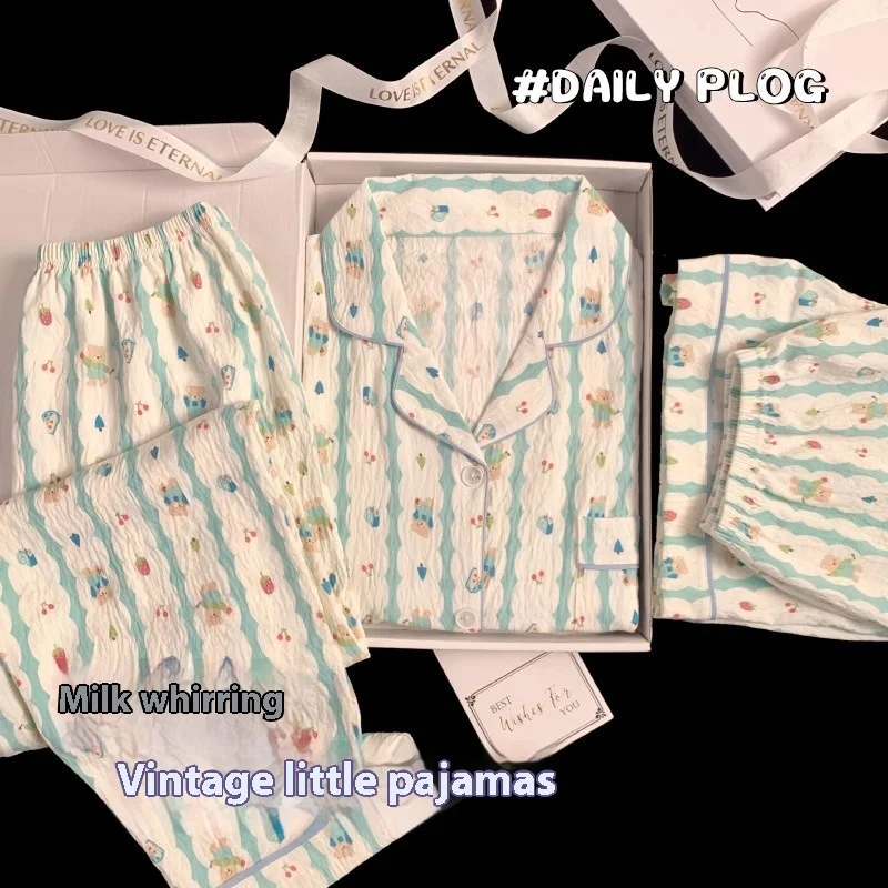 

Blue Bear Pyjamas for Women - Summer Cloud-Print Cotton Short-Sleeved Three-Piece Set Cartoon-Printed Cute Girls' Homewear Set