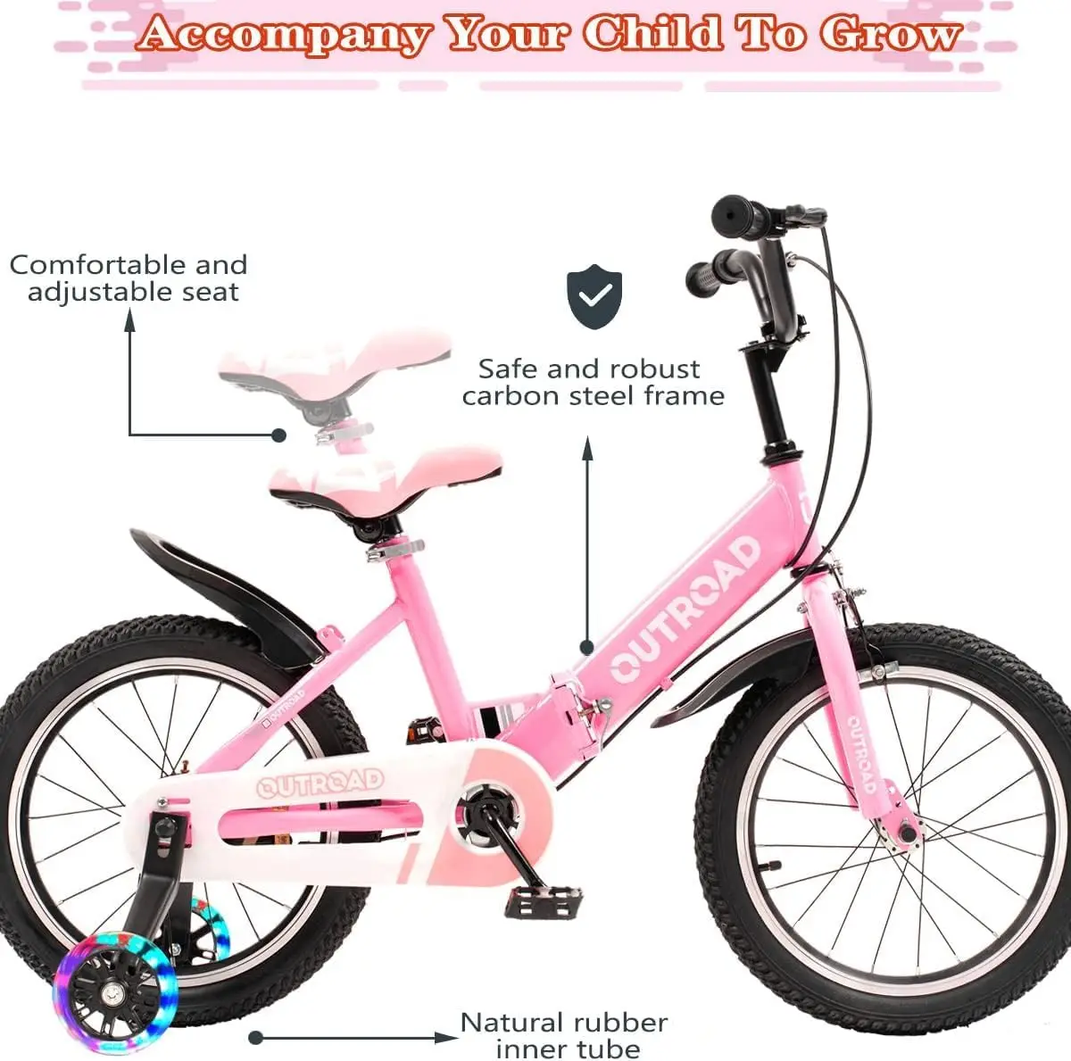 Rower składany dla maluchów i dzieci o rozmiarach 14/16/18 cali z błyskającymi kołami pomocniczymi i hamulcem ręcznym, rower dla początkujących, dla chłopców i dziewcząt.