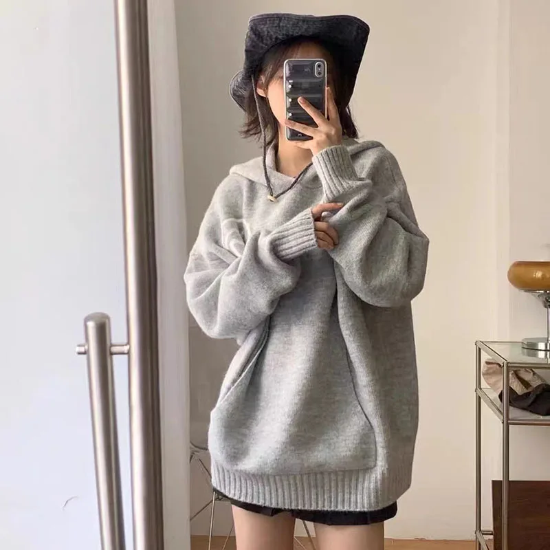 Gray Letter Graphic Hoodie Sweater Women Y2K Autumn Loose Korean Warm Knit Sweatshirt Bf Streetwear Oversize All Match Pullover