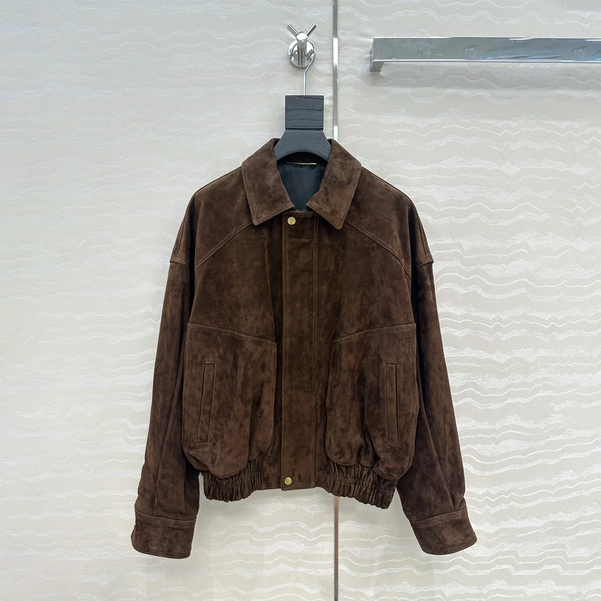 2026 high-quality women's short stretch elastic waistband loose shoulder suede jacket680773