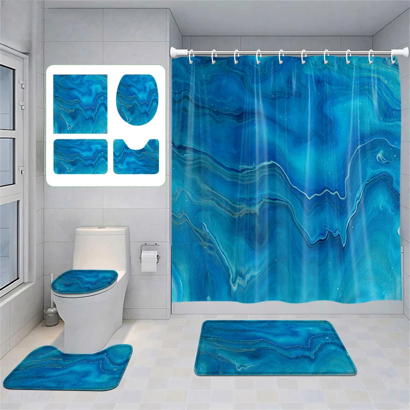 Ocean Wave Bathroom Decor Set - Blue Water Ripple Shower Curtain with Matching Mats Refreshing Ocean Bath Set