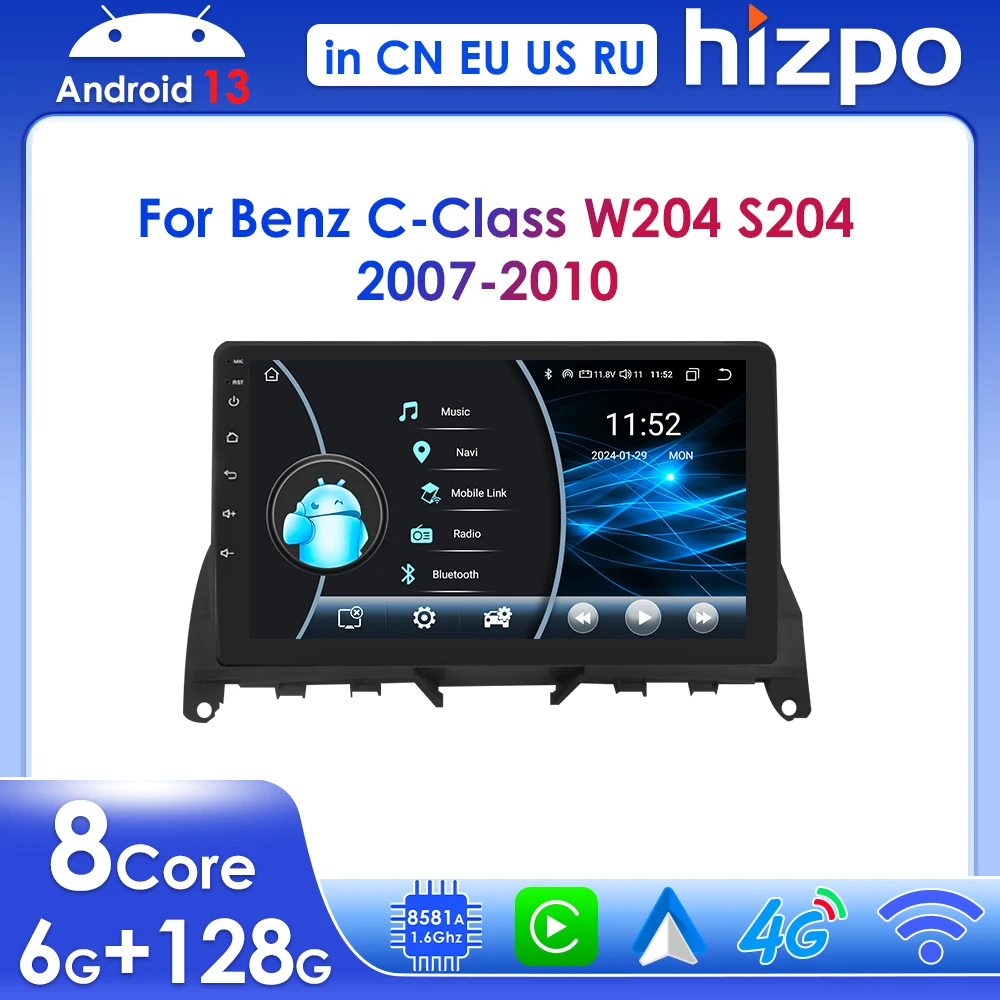 

Hizpo 9" Radio Android 13 Wireless Carplay for Mercedes Benz C-Class W204 S204 2007-2010 Car Multimedia Player Navi GPS 2din DSP