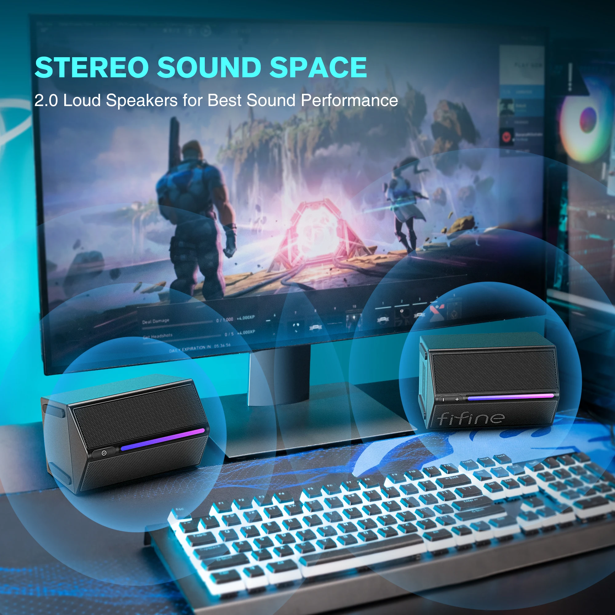 FIFINE Gaming Sound Box with Stereo Surround Sound, USB RGB Speaker with Vol Control for PC,Lattop,PS4/5,TV-Ampligame A20