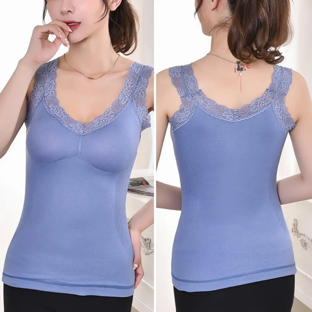 High Elastic Tank Top Women's Padded Lace Tank Top with V Neck Thick Warm Slim Fit Undershirt for Fall Winter Sexy for Ladies