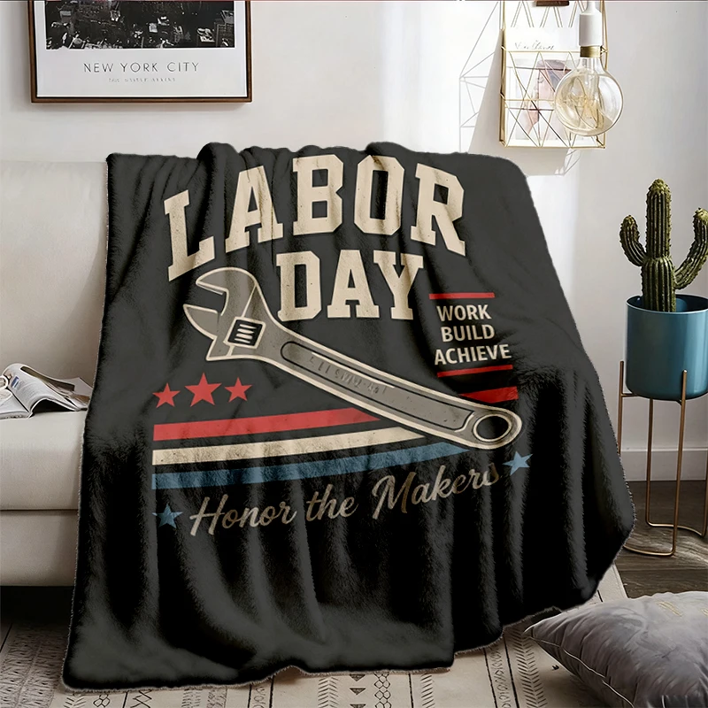 Vintage Labor Day Wrench Graphic Flannel Blanket, Honor Makers Patriotic USA Flannel Throw