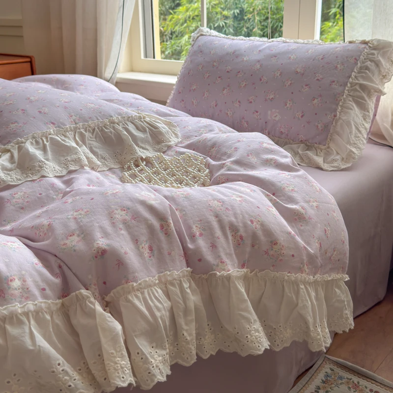 

Корейский стиль принцессы с цветочным кружевом и оборками, комплект постельного белья, 100% хлопок, двойная пряжа, пододеяльник, плоская/приталенная простыня, наволочки, 4 шт.