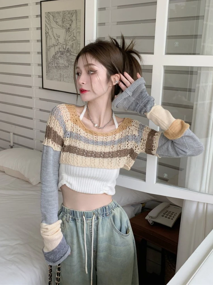 Przycięte panelowe bluzy w paski swetry Y2k ubrania Harajuku Ulzzang swetry w stylu casual na cały mecz dla pań Pull Femme Ropa Mujer