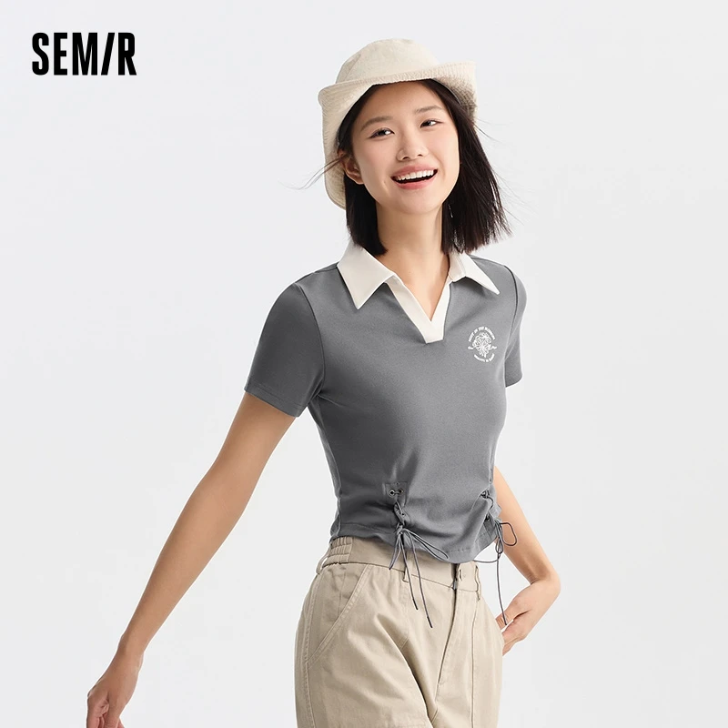 Semir Polo Shirt Women\'S Short Printed Retro Style 2024 Summer New Slim Tie Tops