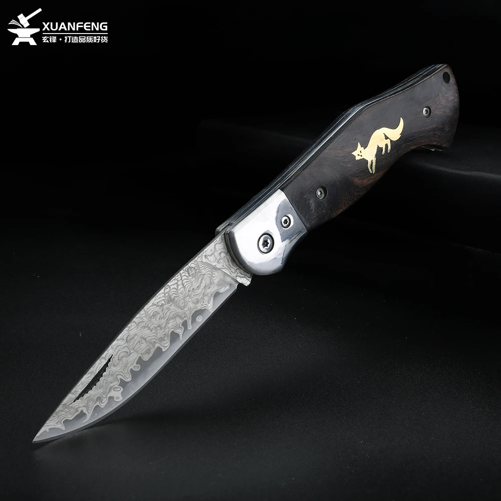 Cuchillo plegable con mango de sándalo Fox, cuchillo de Damasco de alta dureza para exteriores, cuchillo de caza para acampar