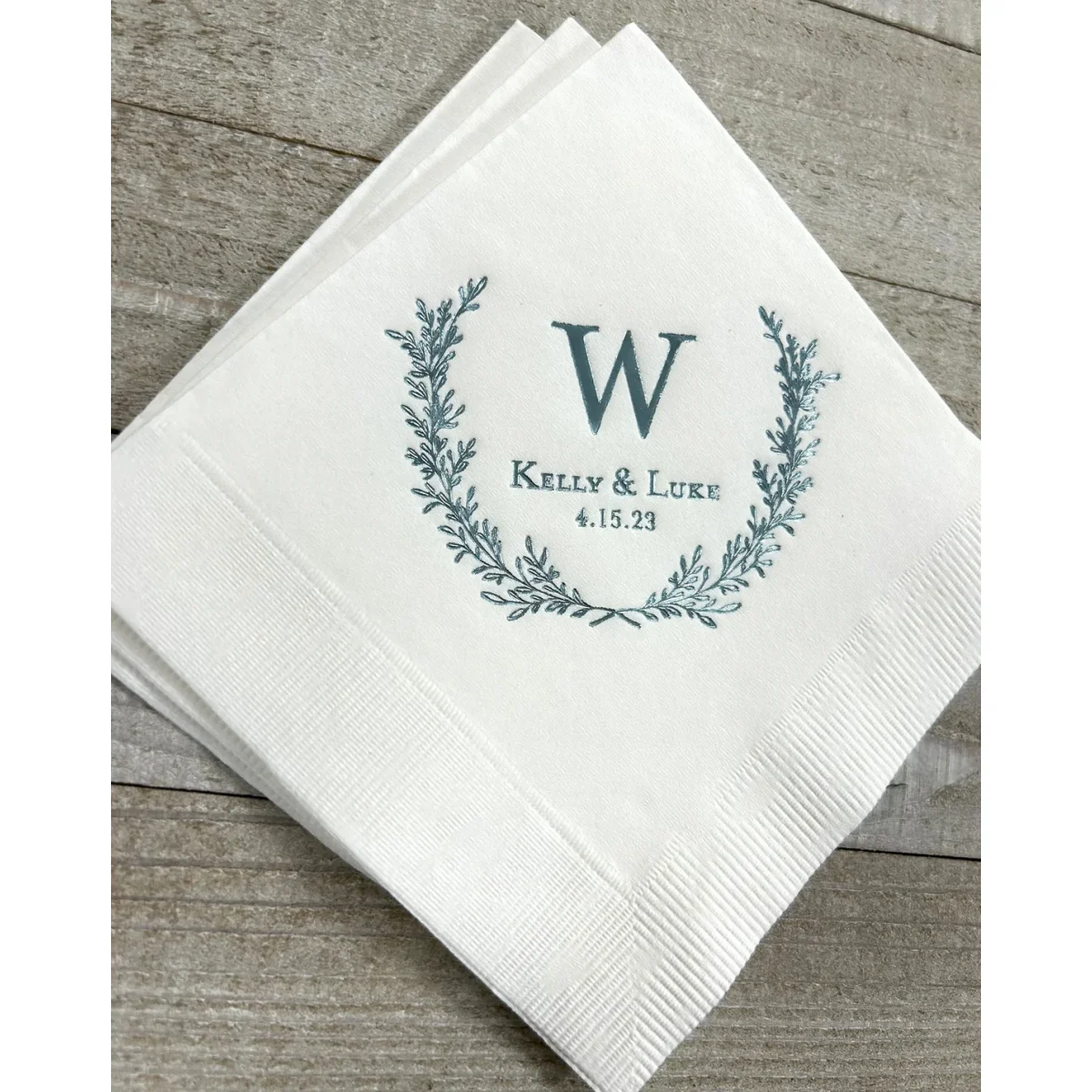 50pcs Personalized Napkins Wedding Napkins Custom Laurel Wreath Decorative Wreath Beverage Cocktail Luncheon Dinner Guest Towels