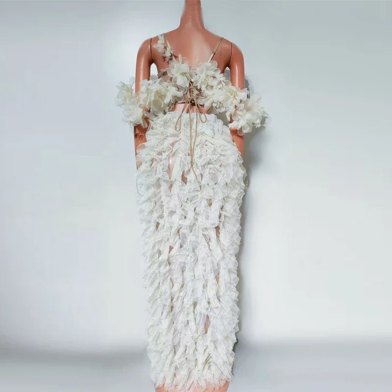 Stage Wedding Outfit White Flower show Trailing Dress Women Celebrate Evening Dresses Sexy Pole Dance Costume