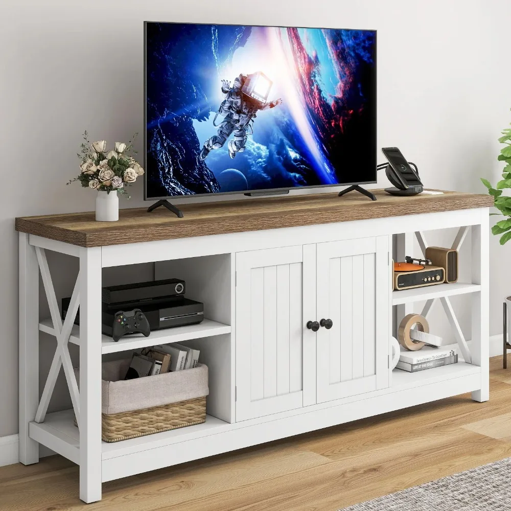 

White TV Stand up to 65 Inches w/Power Outlets, Farmhouse Entertainment Center Cabinet with Storage for Living Room