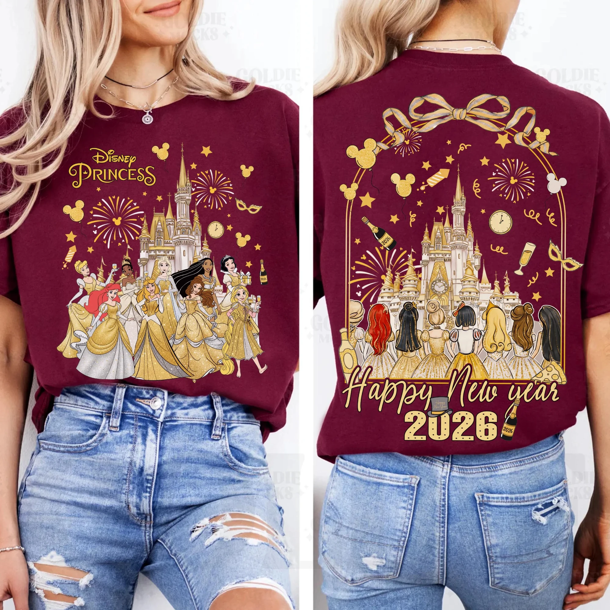 تي شيرت ديزني برينسيس 2026 بفيونكة للعام الجديد ، عائلة ديزني 2026 تي شيرت سنة جديدة سعيدة ، 2026 تي شيرت جولة ديزني العالمية Epocat