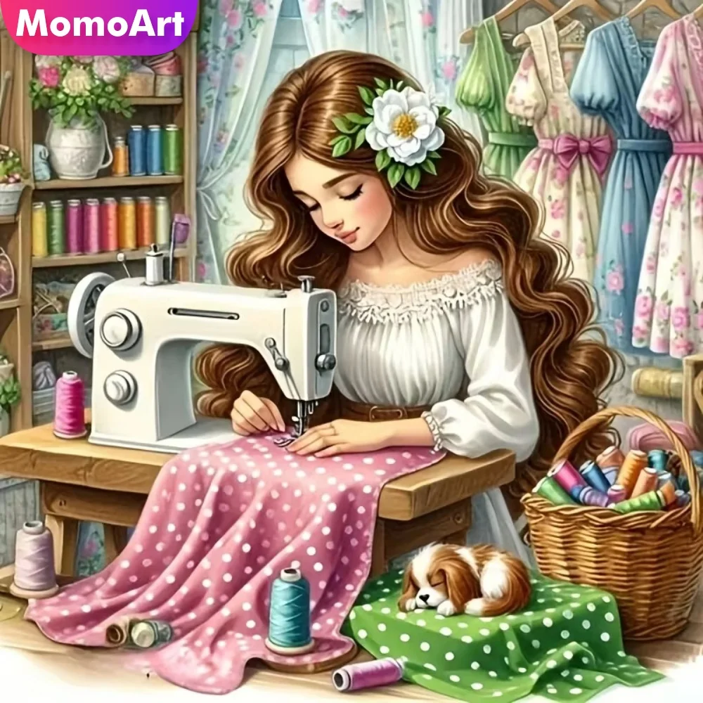 Momoart Diamond Mosaic Girl Portrait DIY Cross Stitch Needlework Diamond Painting Sewing Machine Embroidery Kits Decor for Home