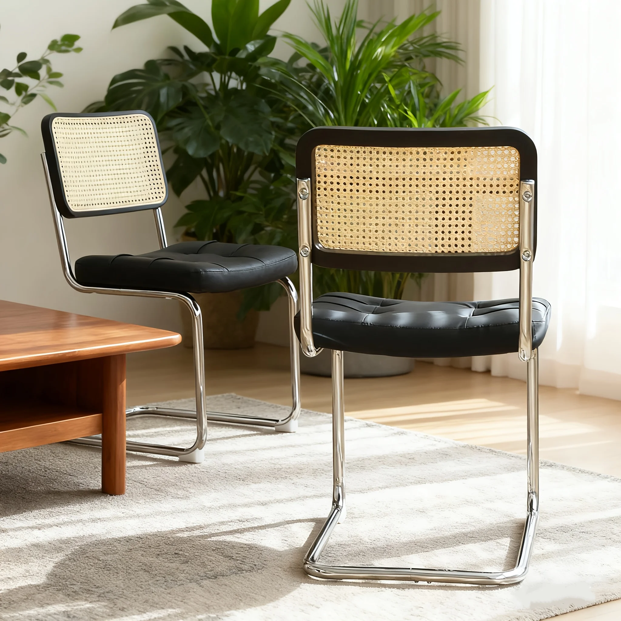 2-Piece Modern Medieval Bühler Style Dining Chair Set - Faux leather upholstery and rattan backrest, orange accents image 5