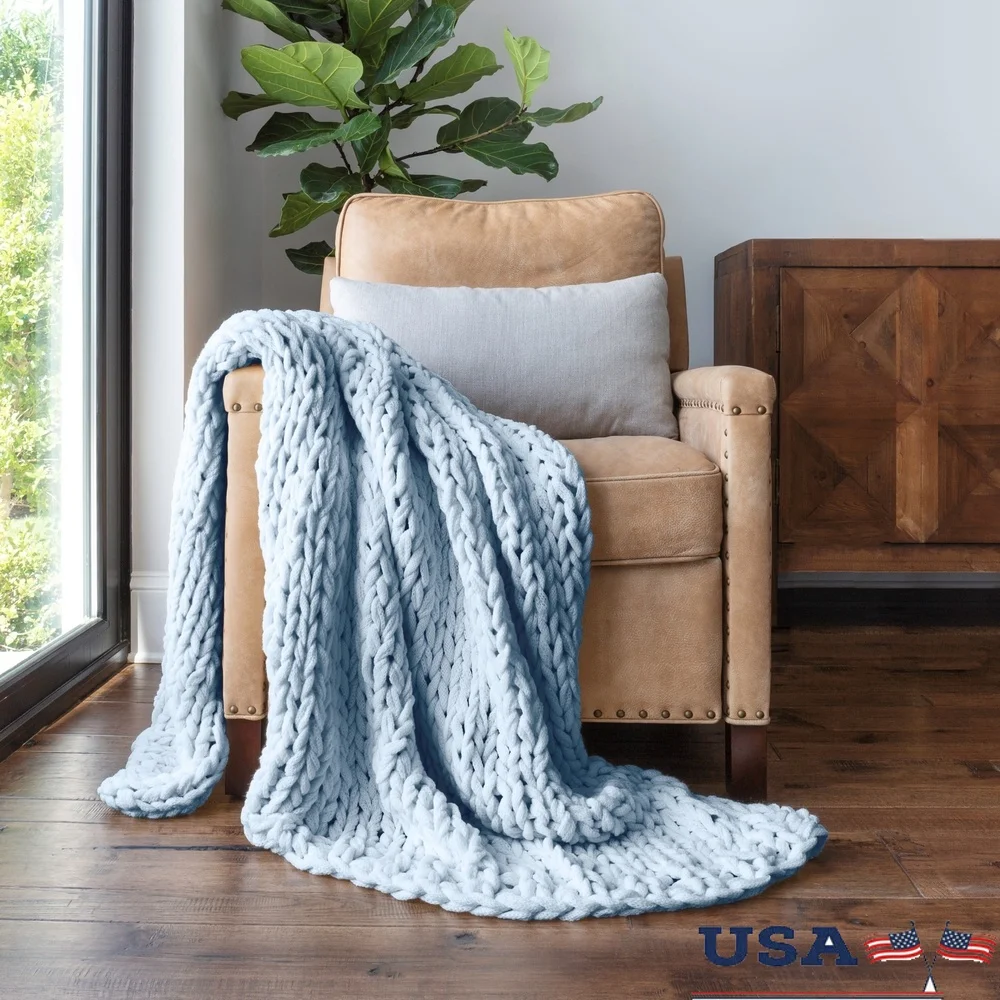 

Chunky Knit Throw Blanket Ultra Soft Acrylic Cozy Bed Couch Decor Hypoallergenic Durable Breathable Microfiber Gift 47x59 Inches