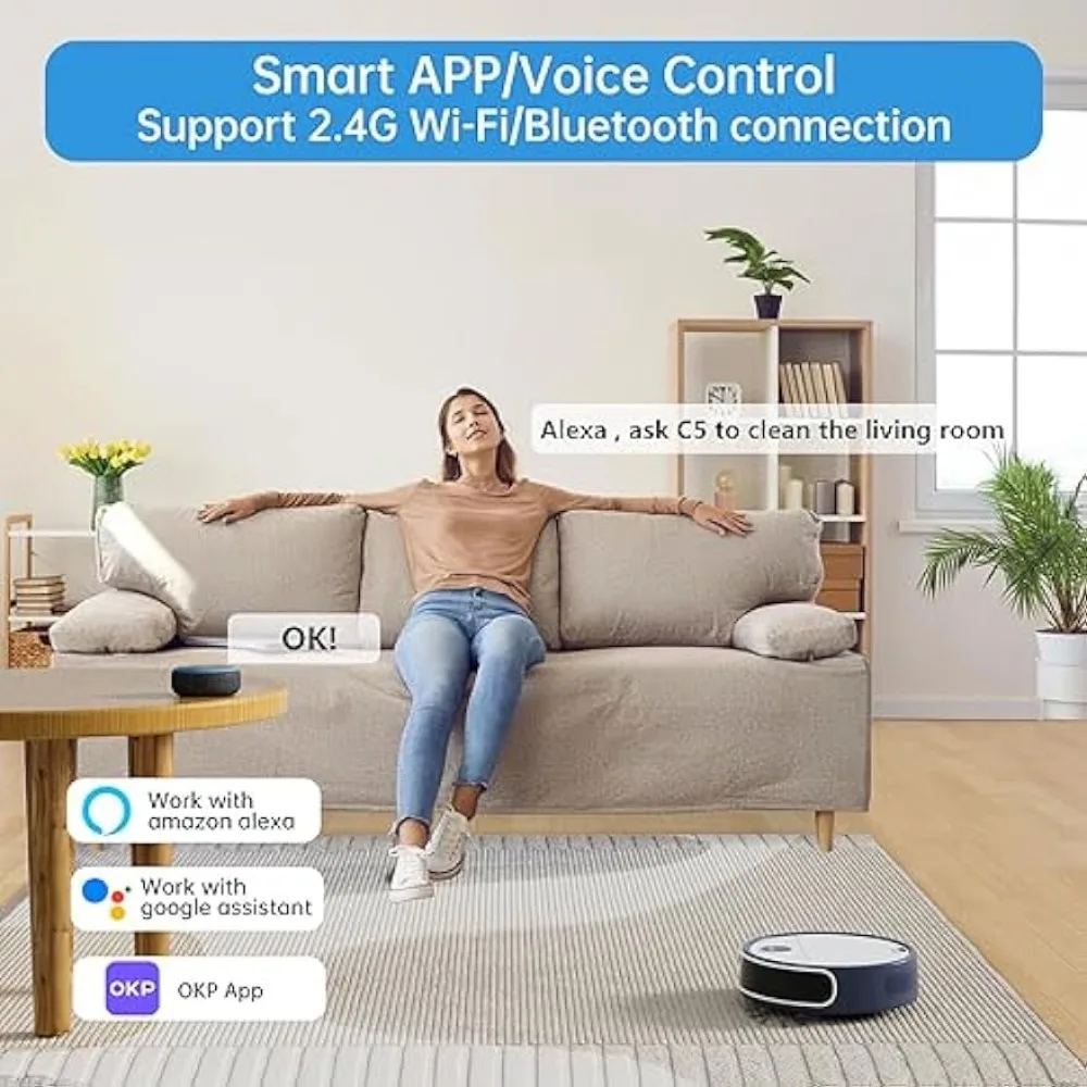 Vácuo robótico automático auto-carregamento, sucção poderosa de 6800Pa, aplicativo Wi-Fi e controle Alexa, videochamadas em tempo real