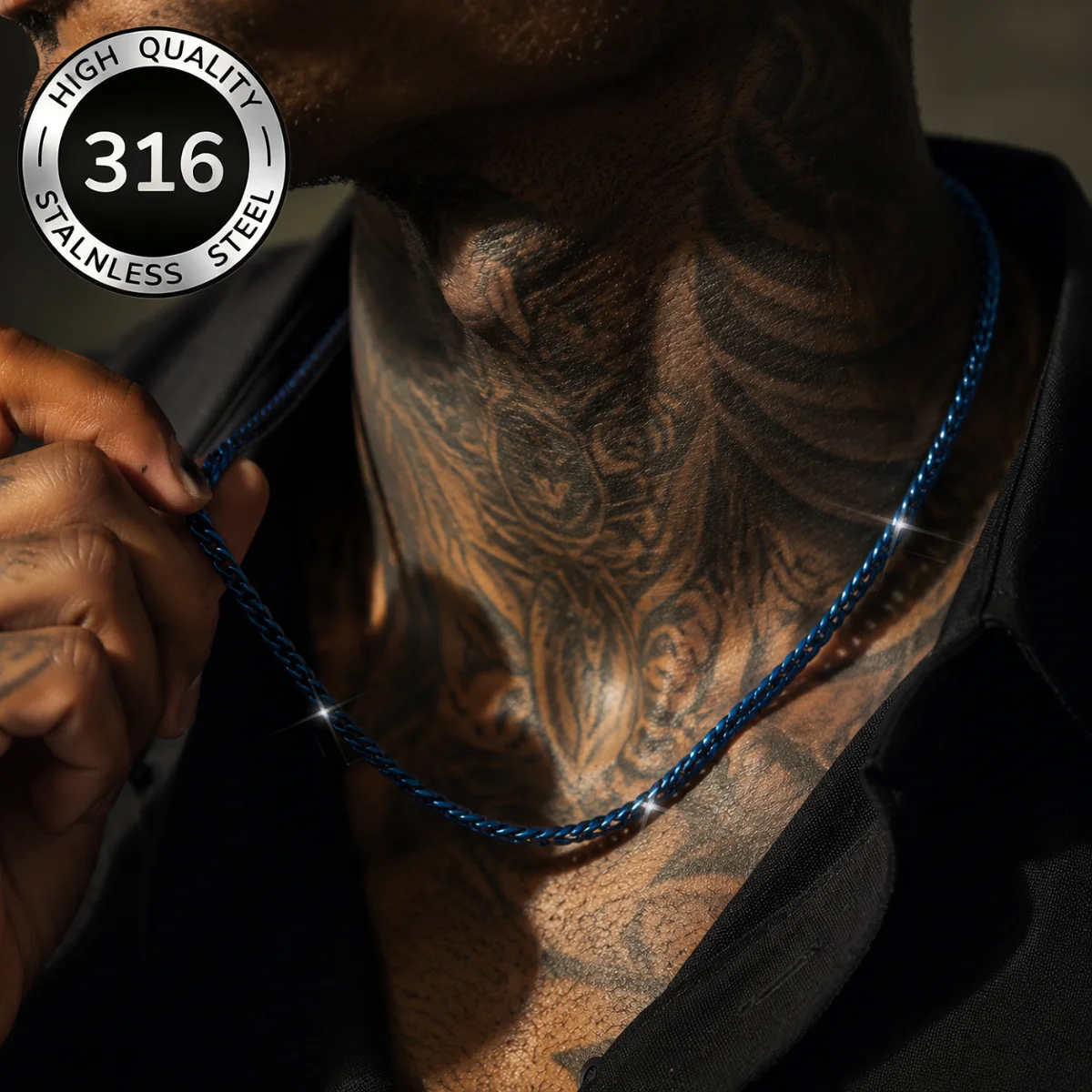 Punk Titan-Stahl 316L Blaue 3mm Weizenförmige Geflochtene Unisex-Halskette Klassische Panzerkette für Männer und Frauen