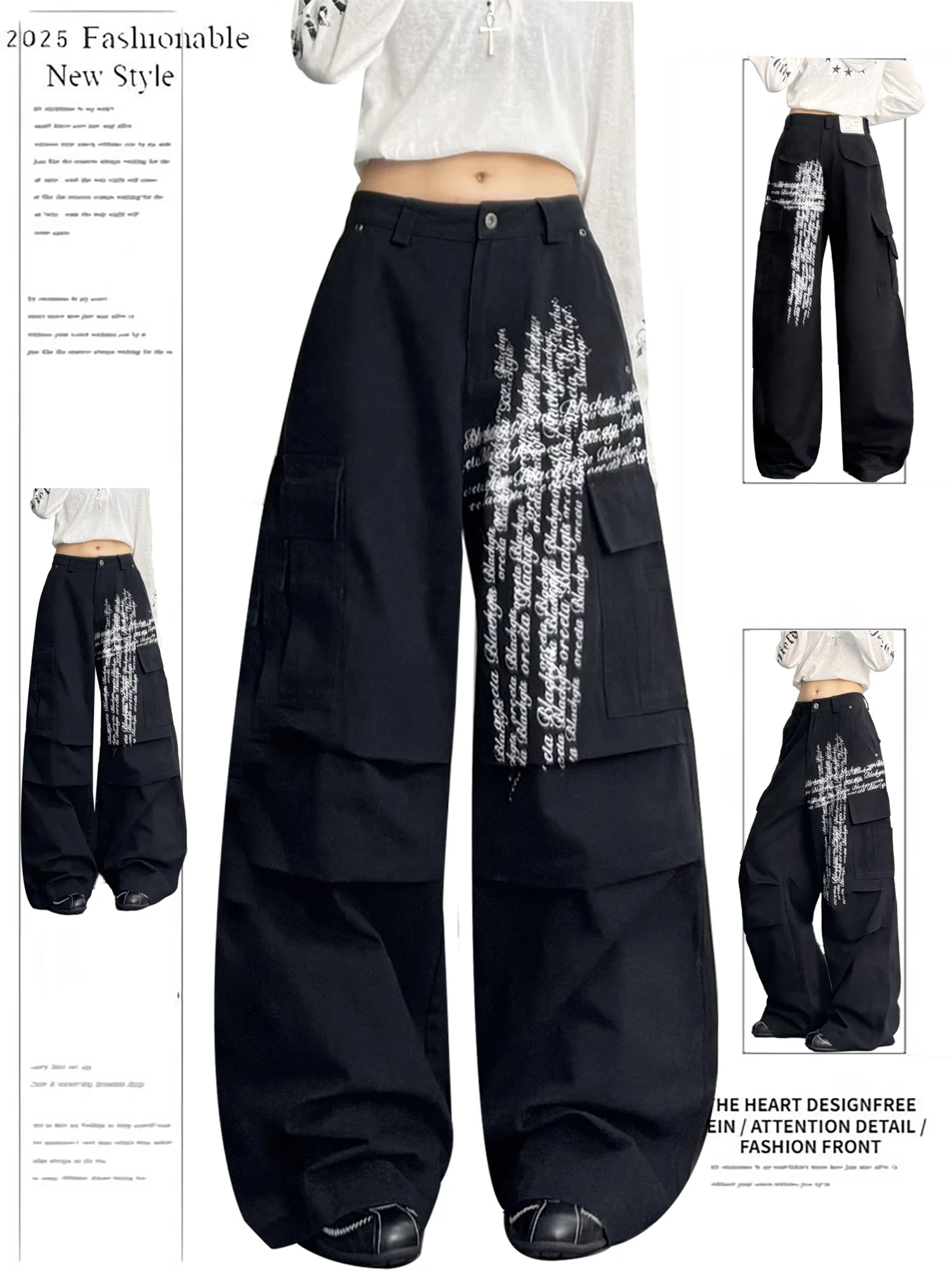 

Женские черные широкие брюки-карго Y2K, новинка 2025, модные повседневные уличные брюки с буквенным принтом и несколькими карманами и высокой талией
