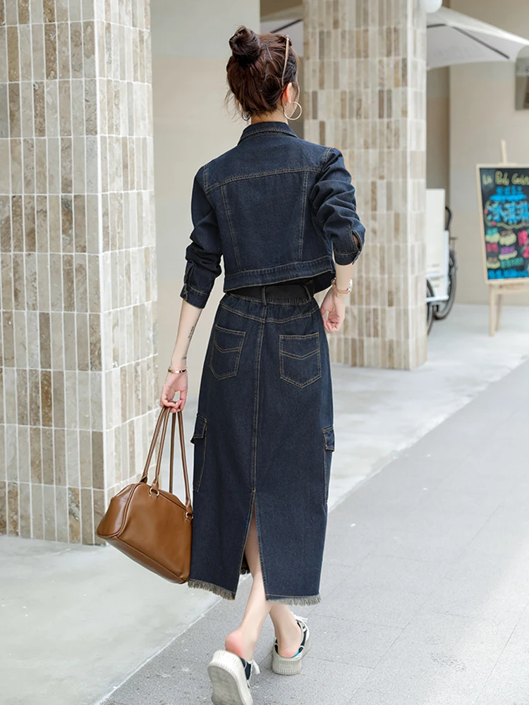 Autumn Vintage Denim Suits Fashion Long Sleeve Pocket Short Jean Coats+High Waist Back Split Skirts 2 Pieces Sets