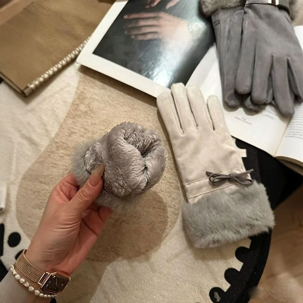 Practical Fleece Lined Faux Fur Gloves Bow Decoration One Size Fleece Lined Gloves Winter Thick Warm Gloves Cold Weather