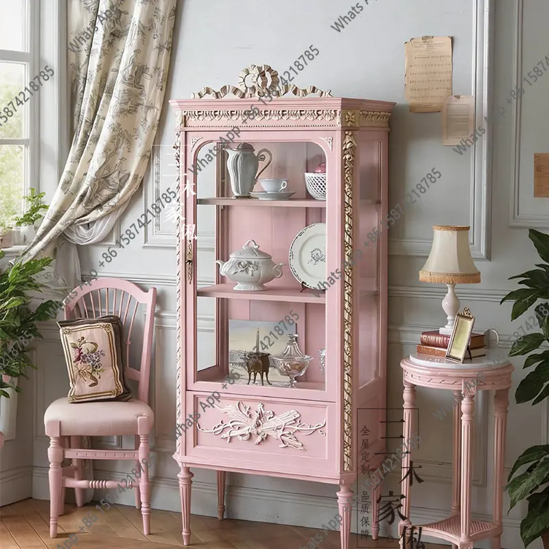 

XFrench Retro Carved Glass Display Cabinet Pink Locker Living Room Dining Room Wine Cabinet Can Be Customized