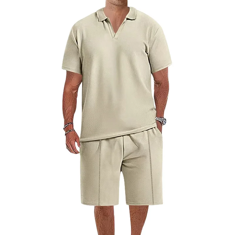 GZMS-2024L Men's Short Sleeve Polo Suit, Solid Color, Thin, Casual, Waffle, Summer, New