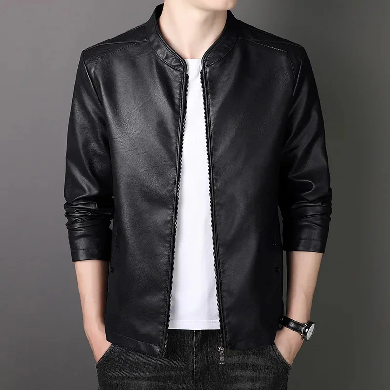 New Winter Men Fleece-Lined Stand Collar Biker Leather Casual All-Match Solid Color Baseball Jacket