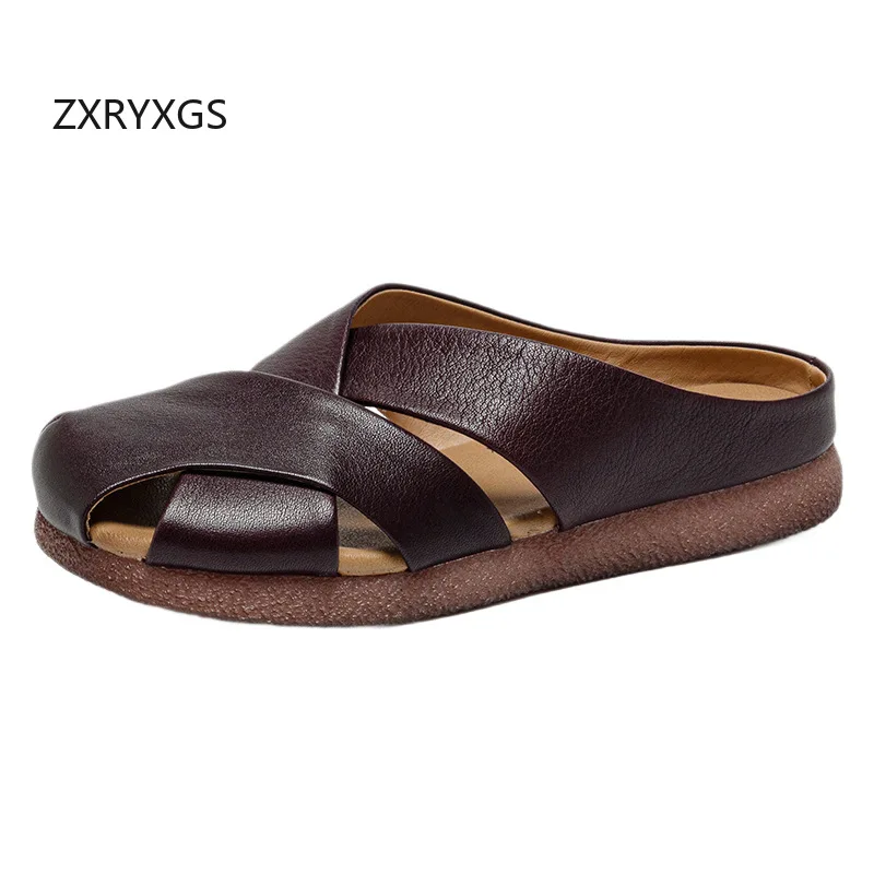 ZXRYXGS 2026 New Summer Round Toe Hollow Genuine Leather Slippers Flat Soft Sole Women Outerwear Slippers Fashion Casual Shoes