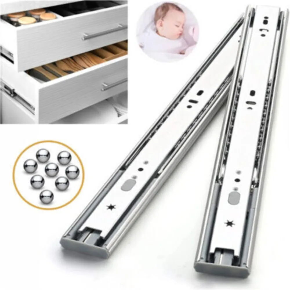 2Pcs Three Section Drawer Runners Stainless Steel Soft Close Draw Slideway Full Extension Heavy Duty Slide Rail Storage Cabinet