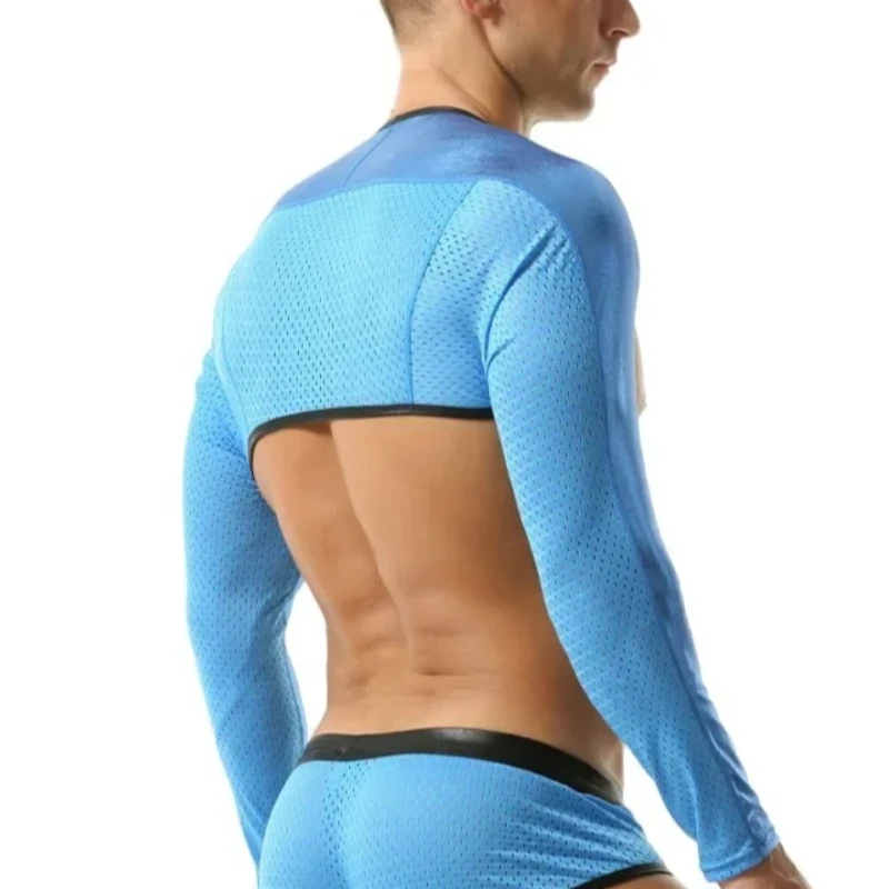 

Men's Undershirts Shiny Mesh PU Leather Crop Tops Wetlook Stage Dance Clubwear