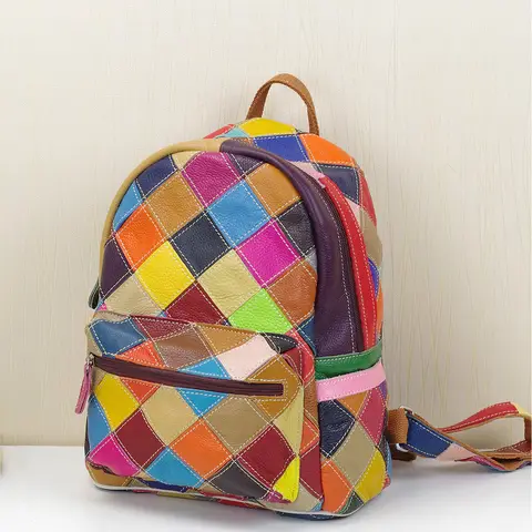 Sac à dos en cuir véritable pour femmes, sac à dos boutique à carreaux colorés contrastés, style bohème décontracté
