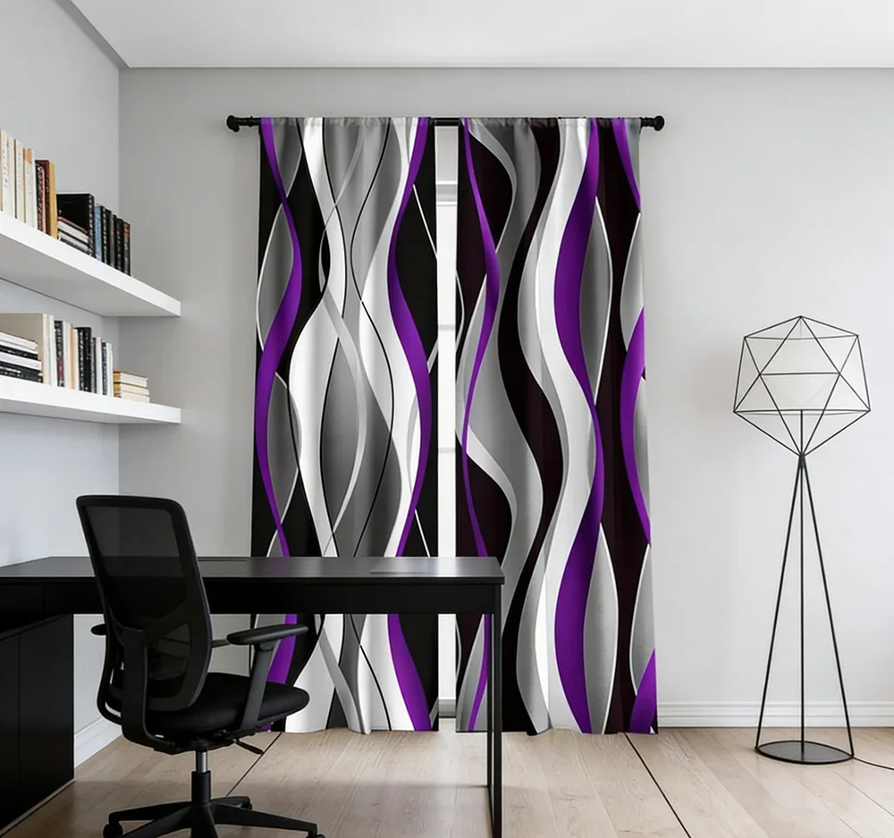 2PCS Digital Printed Curtains, Purple White Curves Abstract Flowing Pattern, Window Drapes for Living Room Bedroom Home Decor