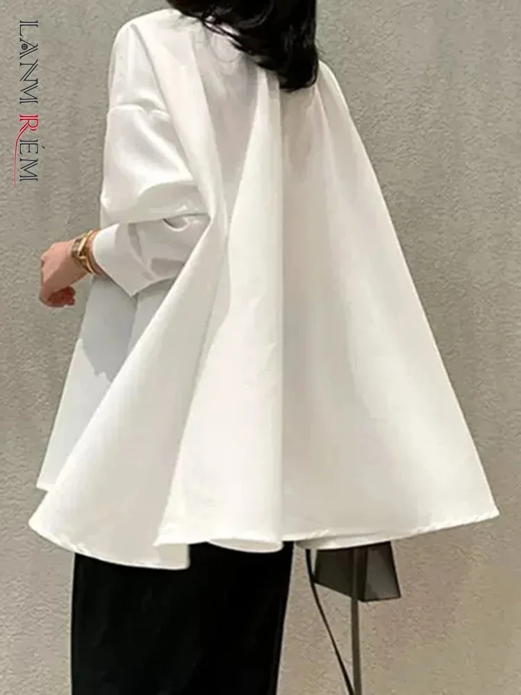 LANMREM Solid Chiffon Shirt For Women Lapel Single Breasted Long Sleeves Korean Tops Female Clothing 2023 Summer New 2YA2458