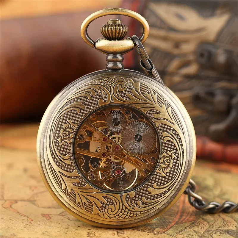 Antique Style Men Women Hand Winding Mechanical Pocket Watch Roman Numerals Display Skeleton Watches FOB Pendant Chain Gifts