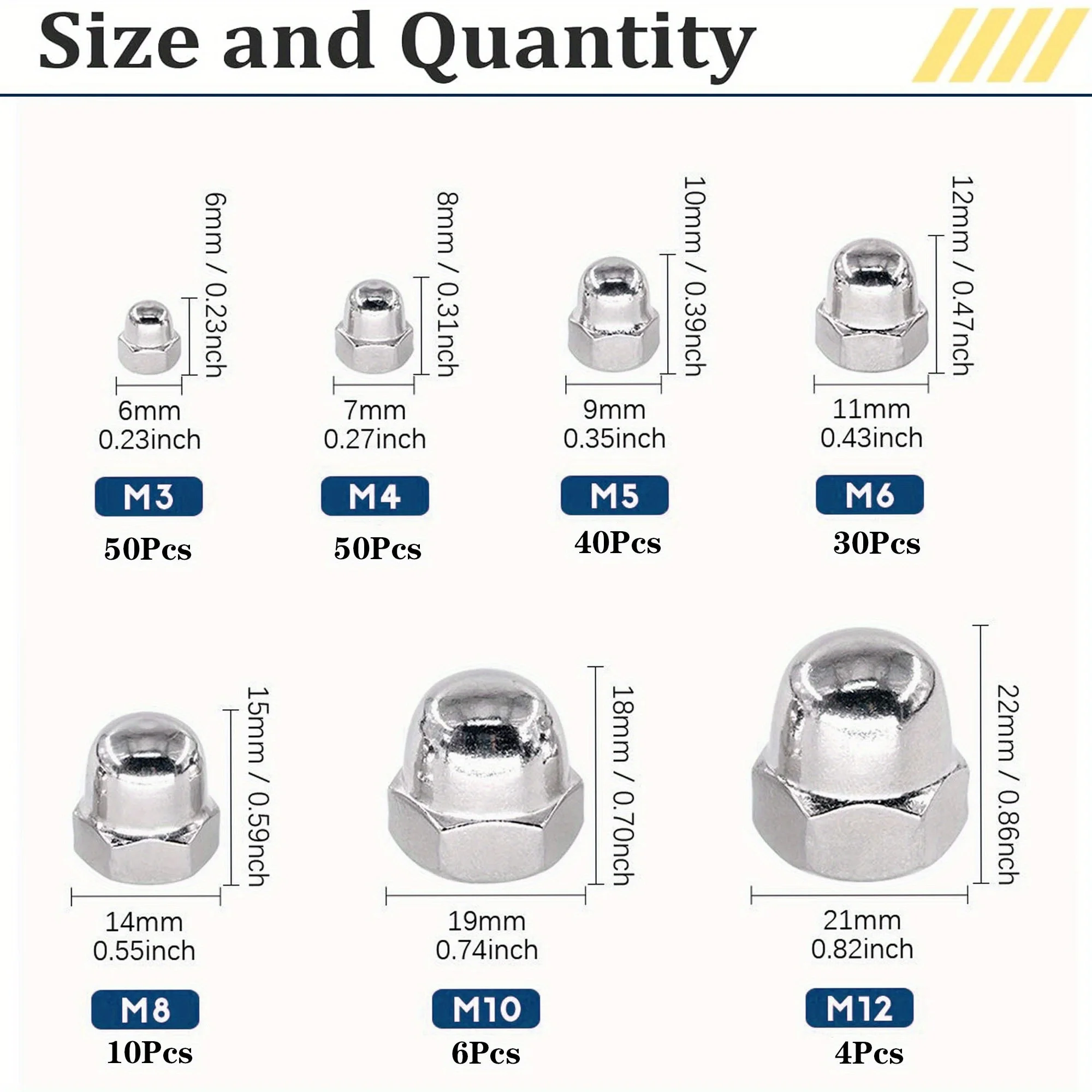 GOSUNDA 304 Stainless Steel Cap Nut Combination Kit (190 Pieces), M3 M4 M5 M6 M8 M10 M12 Metric Hex Cap Nut Set, Bolt Cap Nut