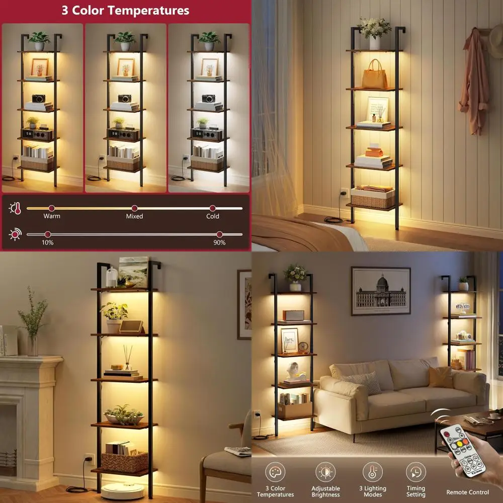 

5-Tier Wall-Mounted Ladder Shelf with LED Lights, Metal Frame Bookshelf for Home, Office in Rustic Brown