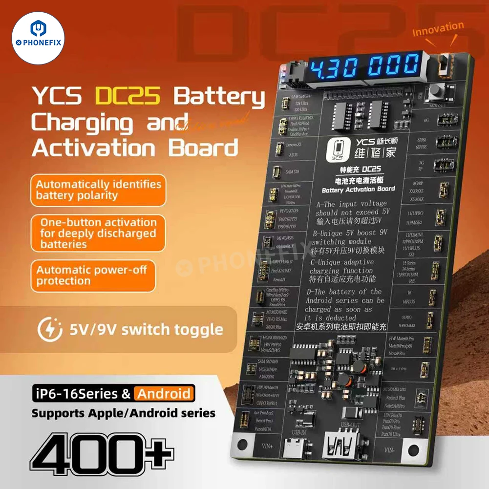 

YCS DC25 One-button Battery Activation Board with Type-C USB Alligator Clip Interfaces For iPhone 6-16 Series Android Phone