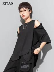 XITAO Asymmetrical Patchwork Zipper T-shirts Loose Show Thin 2023 Summer New Casual Fashion Temperament All Match Top DMJ1179
