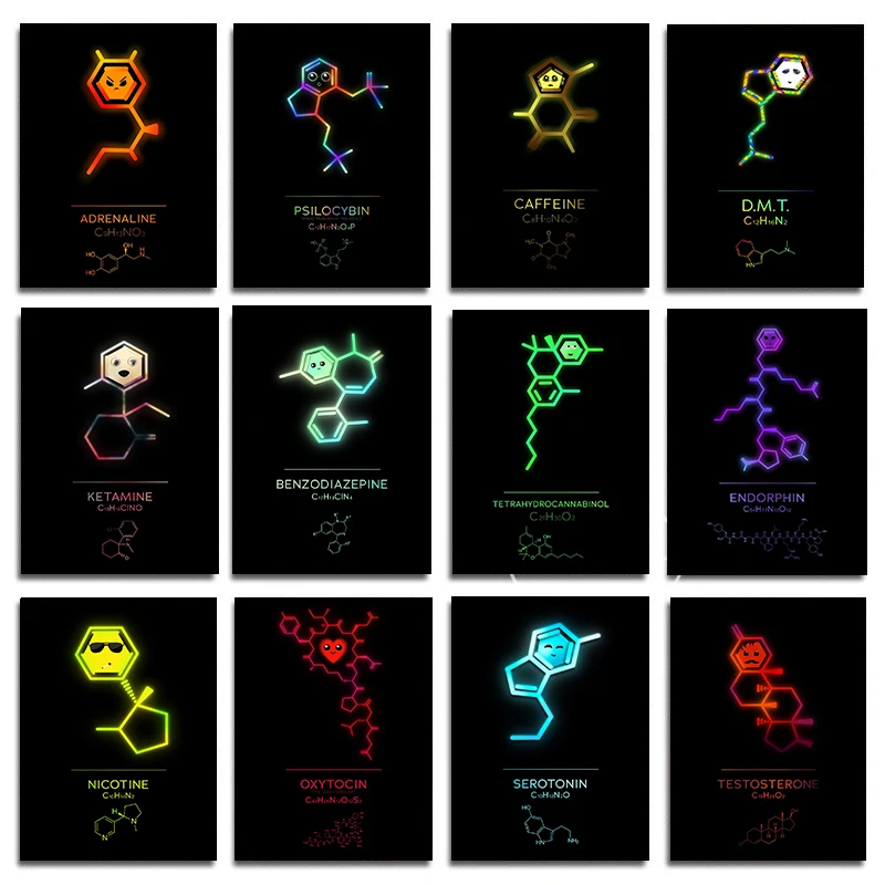 Neon Molecules Posters Melatonin Dopamine Adrenaline Pictures Canvas Painting Wall Art Prints for Room School Decor Biology Gift