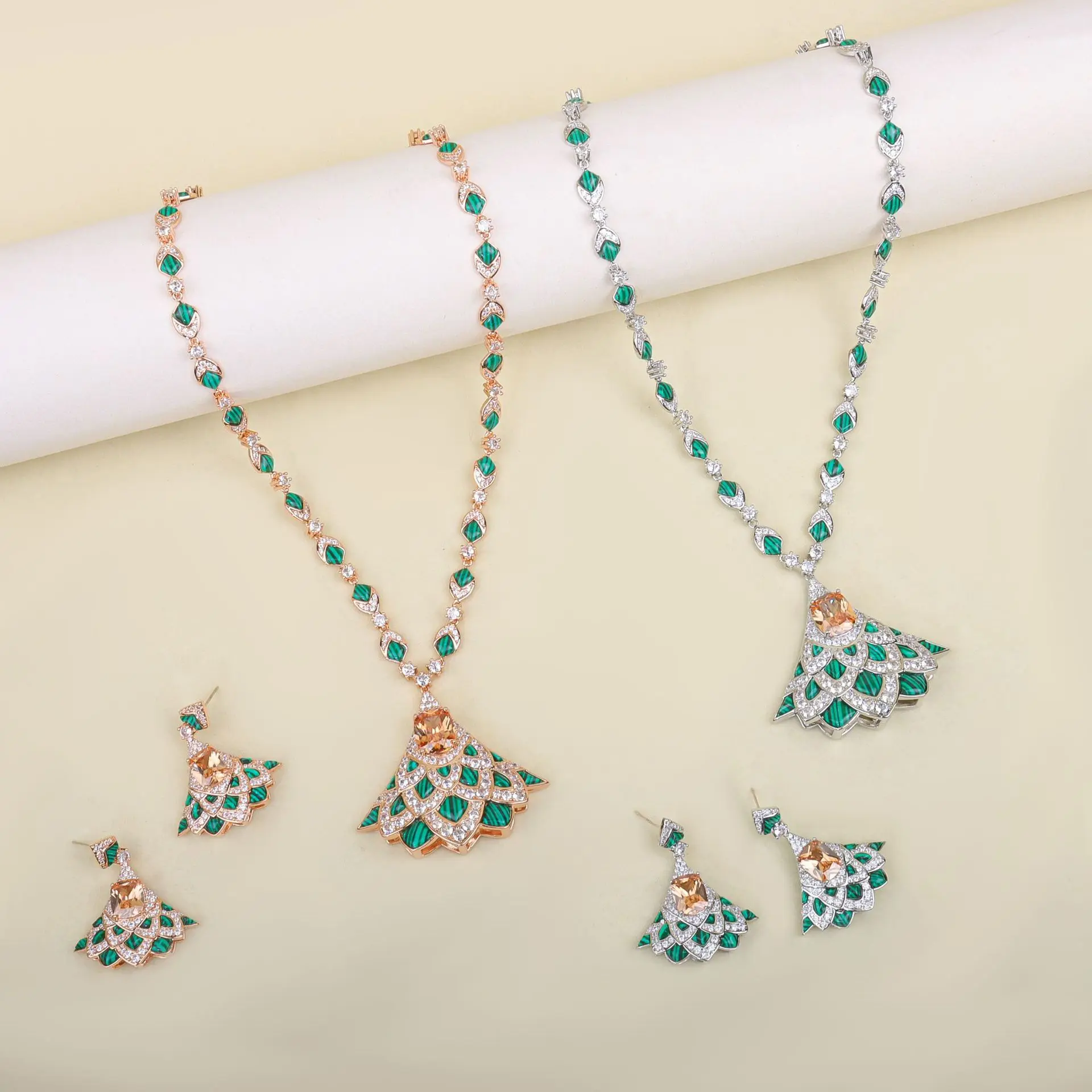 Europe America Earrings Necklace Women Lady Inlay Cubic Zircon Malachite Plated Champagne Gold Color Dinner Party Jewelry Sets